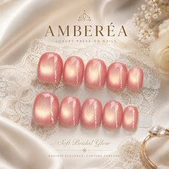 Peach Pink Gold Cat Eye Press On Nails | Handmade Reusable Short Square Nails by AMBERÉA