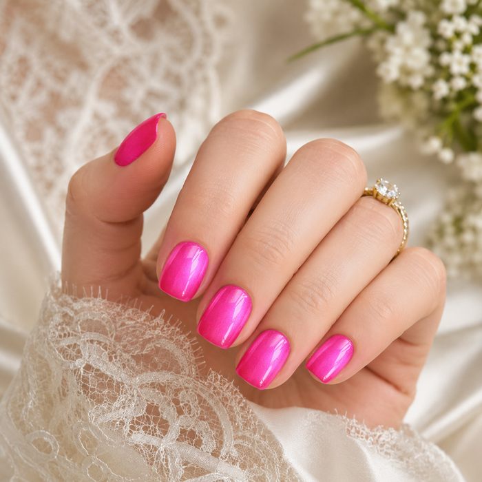 Bright Pink Cat Eye Press On Nails | Handmade Reusable Short Square Nails by AMBERÉA