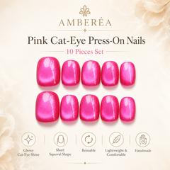 Bright Pink Cat Eye Press On Nails | Handmade Reusable Short Square Nails by AMBERÉA