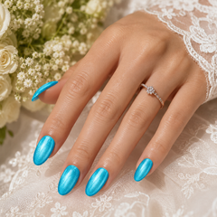 Bright Blue Cat Eye Press On Nails | Handmade Reusable Almond Nails by AMBERÉA