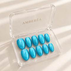 Bright Blue Cat Eye Press On Nails | Handmade Reusable Almond Nails by AMBERÉA