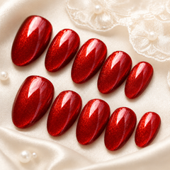 Ruby Red Cat Eye Press On Nails | Handmade Reusable Glossy Almond Nails by AMBERÉA