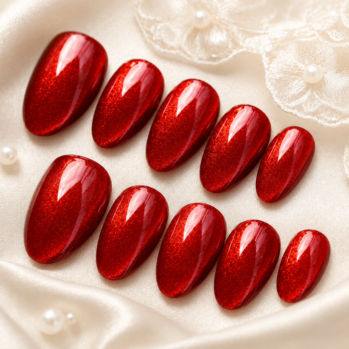 Ruby Red Cat Eye Press On Nails | Handmade Reusable Glossy Almond Nails by AMBERÉA