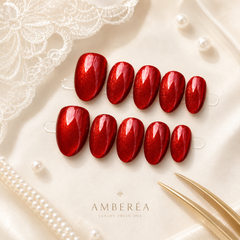 Ruby Red Cat Eye Press On Nails | Handmade Reusable Glossy Almond Nails by AMBERÉA