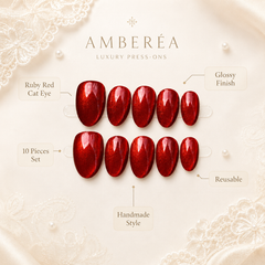 Ruby Red Cat Eye Press On Nails | Handmade Reusable Glossy Almond Nails by AMBERÉA
