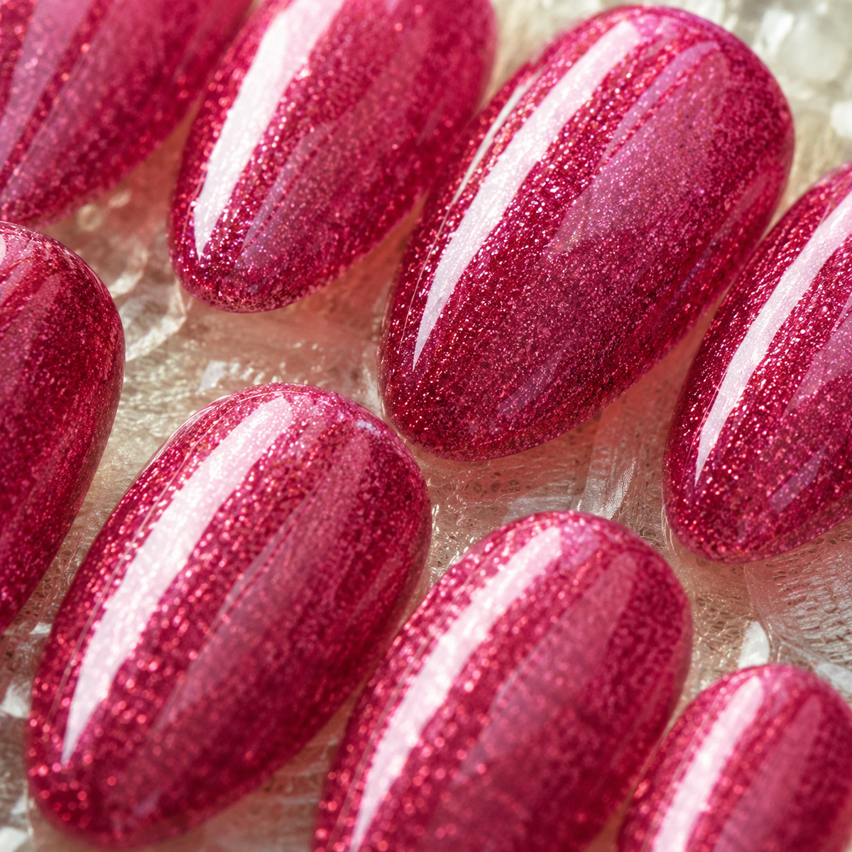 Fuchsia Glitter Cat Eye Press On Nails | Handmade Reusable Sparkle Almond Nails by AMBERÉA