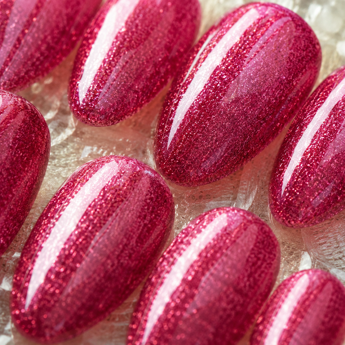 Fuchsia Glitter Cat Eye Press On Nails | Handmade Reusable Sparkle Almond Nails by AMBERÉA