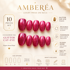 Fuchsia Glitter Cat Eye Press On Nails | Handmade Reusable Sparkle Almond Nails by AMBERÉA