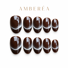Dark Chocolate Brown Cat Eye Press On Nails | Handmade Reusable Glossy Nails by AMBERÉA