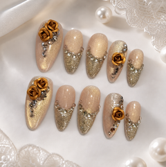 Champagne Gold Rose Press On Nails | Handmade Rhinestone 3D Flower Nails by AMBERÉA