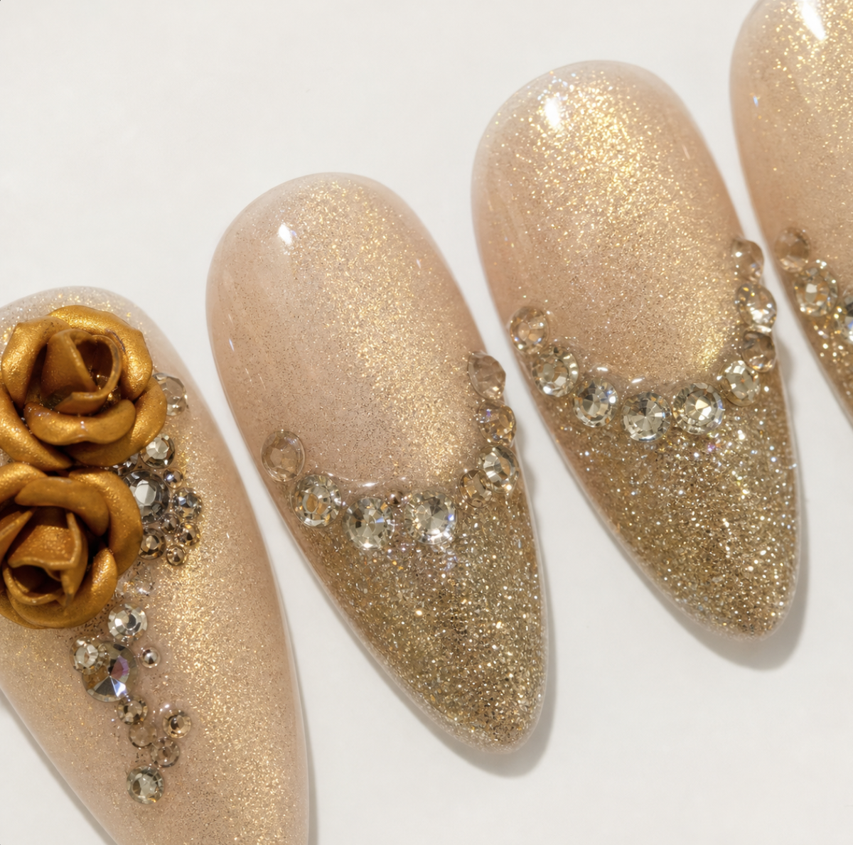Champagne Gold Rose Press On Nails | Handmade Rhinestone 3D Flower Nails by AMBERÉA