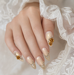 Champagne Gold Rose Press On Nails | Handmade Rhinestone 3D Flower Nails by AMBERÉA