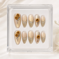 Champagne Gold Rose Press On Nails | Handmade Rhinestone 3D Flower Nails by AMBERÉA