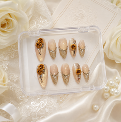 Champagne Gold Rose Press On Nails | Handmade Rhinestone 3D Flower Nails by AMBERÉA