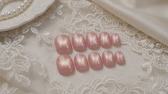 Peach Pink Gold Cat Eye Press On Nails | Handmade Reusable Short Square Nails by AMBERÉA