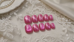 Bright Pink Cat Eye Press On Nails | Handmade Reusable Short Square Nails by AMBERÉA