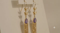 Purple Crystal Tassel Earrings | Gold Butterfly Dangle Earrings
