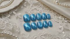 Bright Blue Cat Eye Press On Nails | Handmade Reusable Almond Nails by AMBERÉA