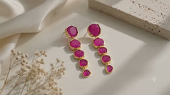 Fuchsia Gemstone Drop Earrings | Gold Tone Long Statement Earrings by AMBERÉA