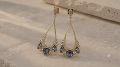 Blue Crystal Statement Drop Earrings | Gold Tone Elegant Dangle Earrings